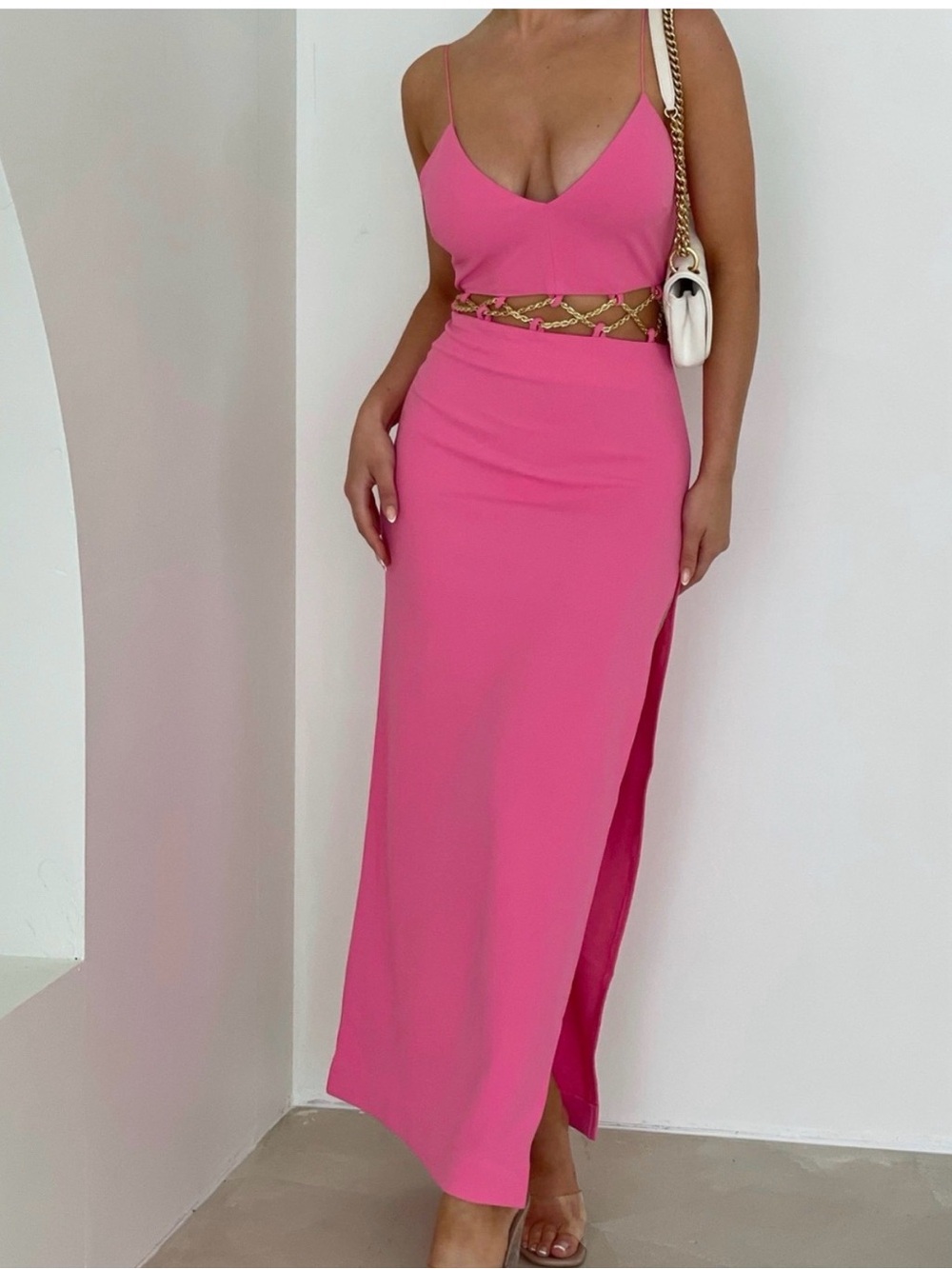 Meshki Hot Pink Spaghetti Strap Maxi Dress with Gold Chain Waist